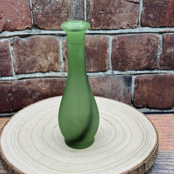Vtg MCM Hazel Atlas Glass Bud Vase Frosted 7.5" Green W Black Swirls 8-K-252 - Picture 4 of 5
